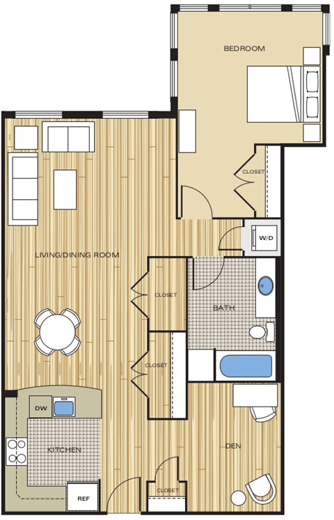 1 Bed1 Bath 930sf Floor Plan at Clayborne Apartments, Virginia
